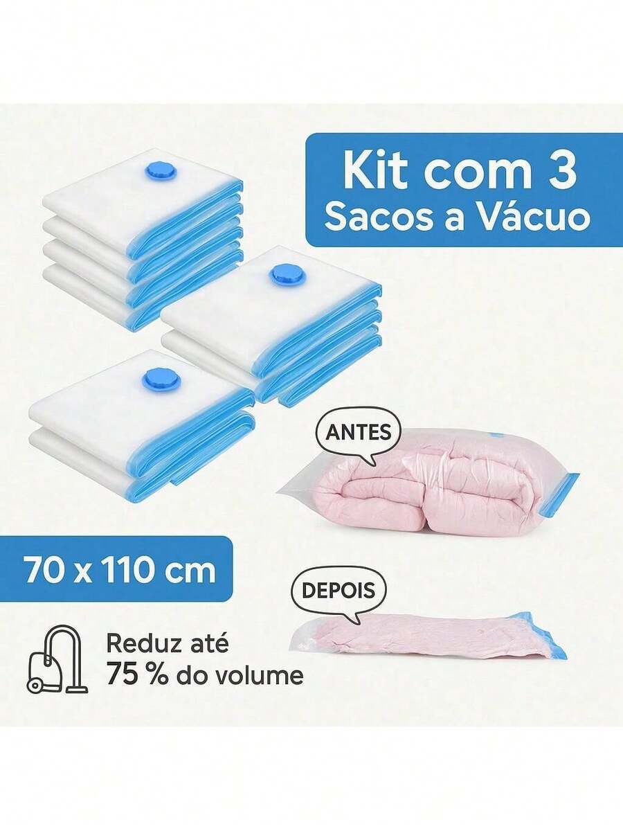 Kit 3 Sacos a Vácuo Hermético 70x110cm Edredom Toalhas Roupas - Multicolorido - Visão 1