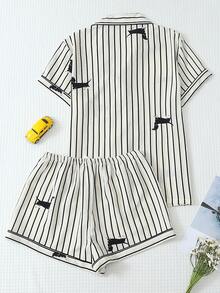 2 Stücke Damen bequemer gestreifter Dackel-Muster Pyjama-Set, Kragen-Knopf Kurzarm-Top und Schleife-Shorts, Sommer Nachtwäsche und Loungewear
