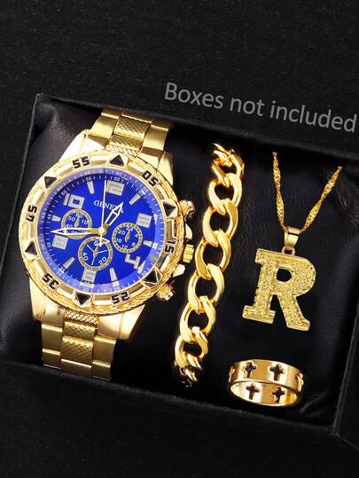 4pcs Teenager Boys' Oversized Quartz Watch With Calendar, Personalized Fashion Wristwatch, Letter R Necklace, Bracelet, Cross Ring, Suitable For Holidays, Birthday Gifts, Daily Wear