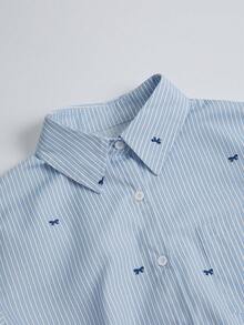 Plus Size Women Striped & Bow Print Button Front Casual Long Sleeve Shirt, Spring - Blue - View 4
