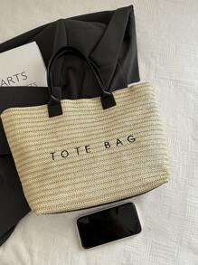 大容量休闲度假草编手提包，简约优雅女士单肩手提包 - 黑色 - 查看 8