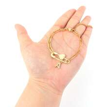 1pc Simple Heart Pin Pave Zirconia Initial Golden Stainless Steel Paper Clip Chain Bracelet For Women - Yellow Gold - View 3