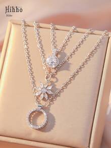 Hihho 3 款时尚优雅项链，锆石镶嵌双环圆球设计，个性化创意女士项链套装，奢华珠宝礼物 - 銀色 - 查看 7