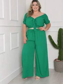Plus Size Cropped And Pantaloon Set For Women - 綠色 - 查看 2