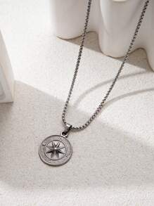 1pc New Fashion Stainless Steel Titanium Steel Compass Pendant Twisted Chain Necklace, Suitable For Men's Daily Wearing Jewelry Gift - Silver - View 5