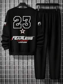 男士休闲街头字母印花圆领长袖卫衣和运动裤，春秋季休闲套装 - 彩色 - 查看 5