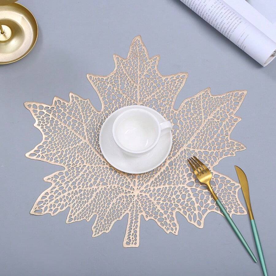 1/2/4/6/8/12pcs Hollow Maple Leaf Gold Foil Placemats, Asymmetrical Shape Dining Table Mats, Hotel Heat Insulation Bowl Pad, Coasters For Afternoon Tea