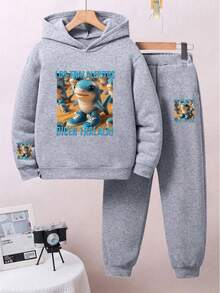 Bộ 2 món - Áo hoodie nỉ in họa tiết thường ngày và quần nỉ cho bé trai, trang phục thu/đông - Xám - Xem 1