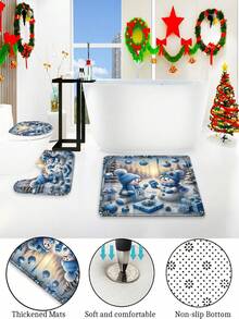 1/4 Pcs Christmas Winter Shower Curtain Set, Snowman Christmas Ball Gifts, Cute Blue Waterproof Polyester Washable Shower Curtain For Christmas Bathroom Decor, With 12 Hooks Non-Slip Bath Mat U-Shaped Toilet Seat Cover