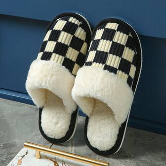 Pantuflas de felpa a cuadros de moda, cómodas pantuflas casuales para el hogar y el dormitorio para hombres