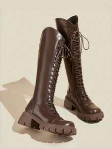 2024新款夏/初秋/秋/冬女靴，中筒/及膝骑马靴，厚底宽口长靴，派对靴 - 棕色 - 查看 3