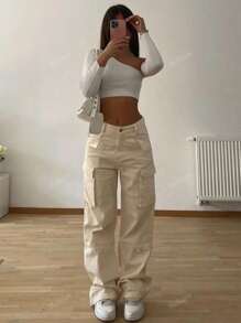 Elegant Stylish Vintage Y2K Casual Cute Cargo Pants - High-Waisted, Solid Color Elastic Waist Wide-Leg, Pocketed, Comfortable, Airport, Back To School, Teacher, Clubs, Birthday Parties, Halloween, Concerts, Gym, Business, Street Wear, Spring, Summer, Autumn And Winter Styles