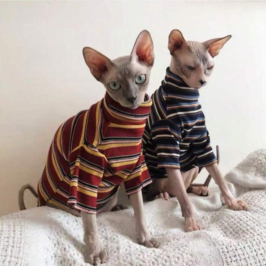 Striped Turtleneck Ribbed Thin Breathable Hairless Cat Clothes, Suitable For Sphynx And Devon Rex Cats - Red - View 1