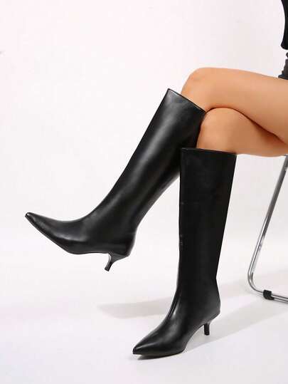 2025 Herbst/Winter Neue Spitze Zehen Overknee Stiefel für Frauen, schmaler Absatz Retro personalisierte PU Leder Overknee Stiefel, Schwarze Stiefel