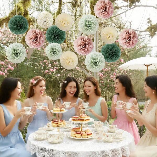 16pcs/Set Rose Gray + Olive Green + Light Pink Pom Pom Flower Bouquet Set, Suitable For Bridal Shower/Kids Party/Country Wedding/Birthday/Decor, High-End Muted Tones, Photo Backdrop Wall Decor, Hanging DIY Party Supplies
