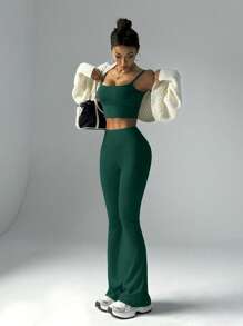 FWH 高腰提臀塑形设计，喇叭裤腿，休闲时尚复古喇叭裤，适合工作和休闲场合，高腰喇叭瑜伽裤，收腹运动紧身裤，户外提臀裤，办公室/徒步两用喇叭裤，户外运动服饰，女士高腰收腹喇叭瑜伽裤 - 墨綠色 - 查看 6