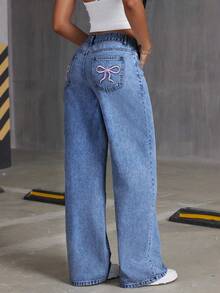 Teen Girl Oversized Butterfly Print Loose Fit Flared Denim Pants - Medium Wash - View 3