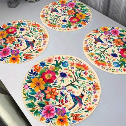 2-6 件充满活力的墨西哥风格花卉和鸟类圆形餐垫，带有色彩缤纷的花朵和蜂鸟 - 非常适合派对、厨房和餐厅装饰，充满活力的派对餐桌餐垫，耐用