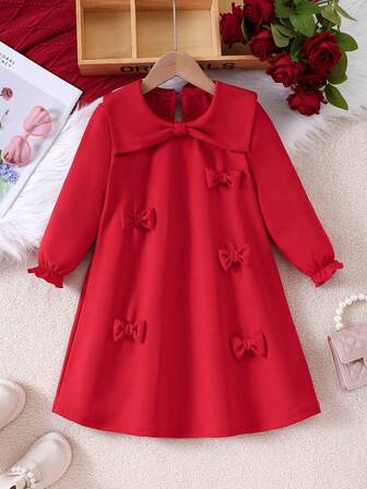 Young Girls Elegant Loose Fit Ruffled Collar Bowknot Long Sleeve Dress