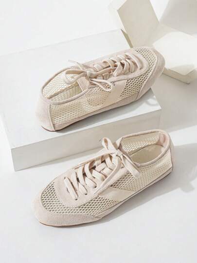 Women's Casual Lace-Up Soft Flat Shoes, Breathable Mesh & Faux Suede Patchwork Square Toe Ballet Flats, Suitable For Summer Vacation, Summer Promotion, Back To School, Student Uniform, Christmas, Autumn, New Year