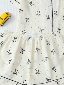 2 件女士舒适迷你波尔卡圆点蝴蝶结印花睡衣套装，翻领纽扣短袖上衣和蝴蝶结短裤，夏季睡衣和家居服 - 白色 - 查看 5