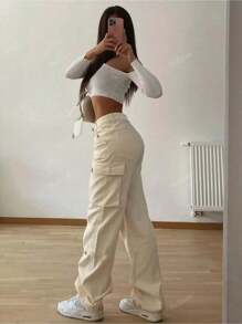 Elegant Stylish Vintage Y2K Casual Cute Cargo Pants - High-Waisted, Solid Color Elastic Waist Wide-Leg, Pocketed, Comfortable, Airport, Back To School, Teacher, Clubs, Birthday Parties, Halloween, Concerts, Gym, Business, Street Wear, Spring, Summer, Autumn And Winter Styles