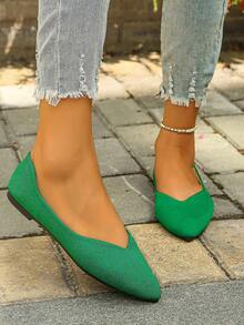 Women's Spring/Autumn New Pointed Toe Green Flat Shoes, Casual Wear, Work, Driving, Lightweight, Comfortable, Versatile, Soft Bottom, Random Pattern, Size 35-45 - Green - View 3