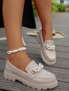 Women's Thick Sole Solid Color Loafers, Fashionable College Style Metal Pearl Loafers, Comfortable And Lightweight Shoes Black Retro French Thick Sole Mary Jane Shoes For Women, New Style Suitable For Dresses, Low Vamp Shoes