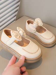 女孩淺褐色的蝴蝶結公主鞋,彈簧&秋天,防滑嬰兒時尚皮革鞋 - 米色 - 查看 1