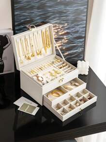 3-Layer Large Capacity Jewelry Storage Box, Portable Jewelry Storage Box, Dressing Table With Drawer Jewelry Storage Box, Gift Leather Jewelry Box, Exquisite Display Packaging Storage Container Back To School