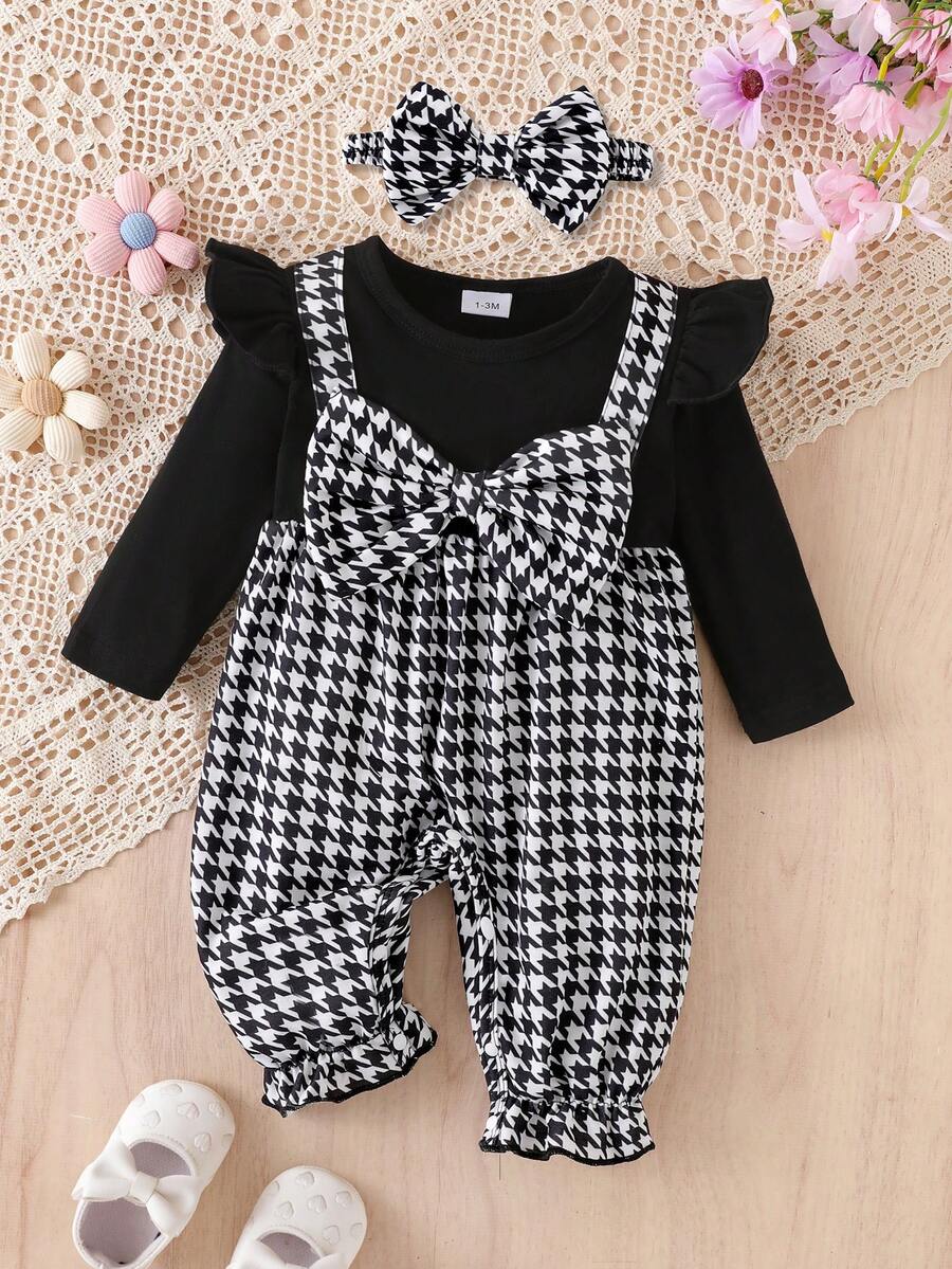 1 件女婴优雅可爱长袖连体衣，轻盈，适合秋冬季 - 黑色 - 查看 1