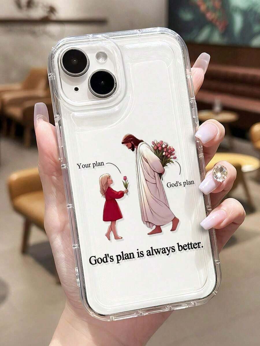 1pc Minimalist Slogan Jesus Girl Tulip Flower Pattern Airbag Anti-Slip Soft Phone Case Compatible With IPhone 11/12/13/14/15/16 Pro Max Waterproof Shockproof Anti-Fall Scratch Resistant - 1pc - 查看 1
