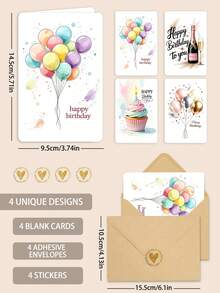 4pcs Watercolor Birthday Card Set With Envelope | Includes 4 Balloons And Cake Happy Birthday Cards Suitable For Any Occasion, Including Christmas, Thank You, Congratulations, And Sentimental Themes - Multicolor - View 3