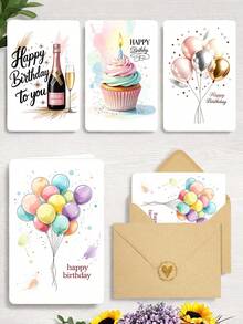4pcs Watercolor Birthday Card Set With Envelope | Includes 4 Balloons And Cake Happy Birthday Cards Suitable For Any Occasion, Including Christmas, Thank You, Congratulations, And Sentimental Themes - Multicolor - View 2