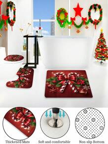 1/4 件圣诞冬季浴室窗帘套装，糖果球蝴蝶结装饰简约红绿色涤纶可洗浴帘，圣诞浴室装饰，带 12 个挂钩防滑浴垫和 U 型马桶座套