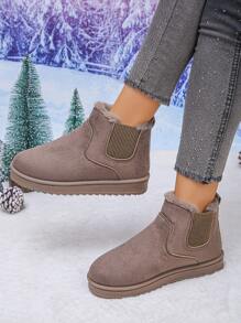 1 双女式厚底保暖毛绒内衬冬季雪地靴，舒适保暖一脚蹬室内/室外短靴/旅行靴/休闲靴