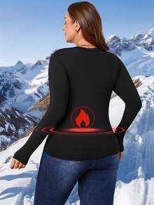 1pc Plus Size Thermal Lined Crew Neck Long Sleeve Solid Color Casual Base Layer Top, Versatile & Fitted For Autumn/Winter - Black - View 2