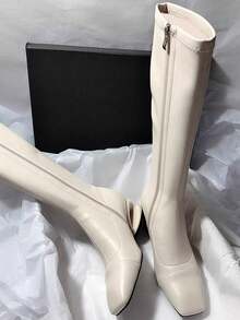 女士时尚靴子，黑色细高筒靴2025秋冬新款女鞋，方头侧拉链不对称鞋跟过膝靴，白色靴子