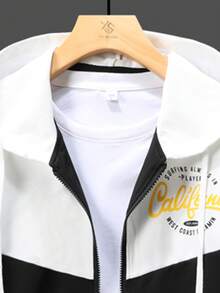 男士休闲百搭撞色拼布字母印花夹克和裤子套装，秋季服装 - 白色 - 查看 3