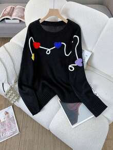 Plus Size Round-Neck Long-Sleeved Patterned Simple And Casual Pullover Sweater With Details [Back-To-School Season]