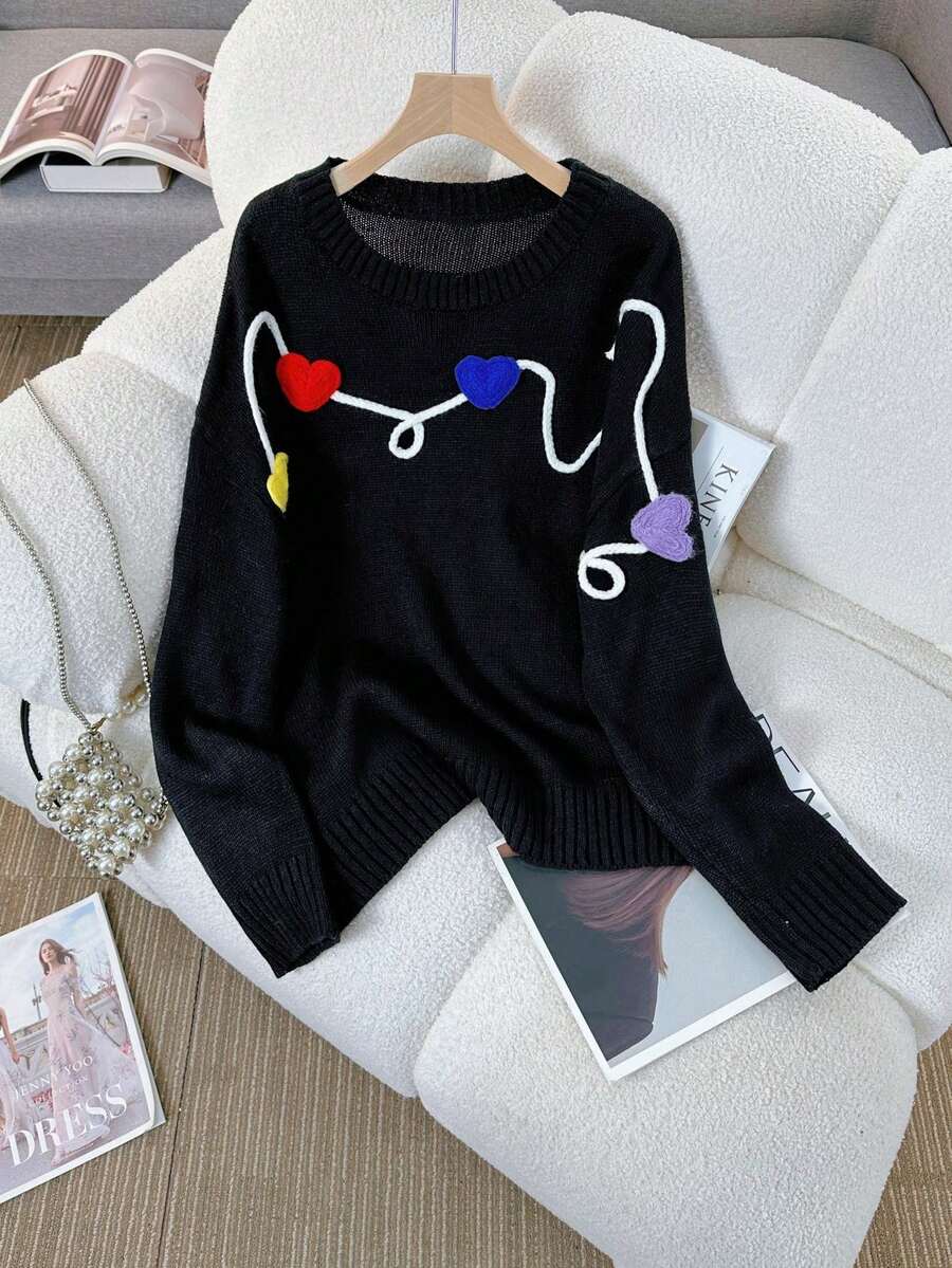 Plus Size Round-Neck Long-Sleeved Patterned Simple And Casual Pullover Sweater With Details [Back-To-School Season]