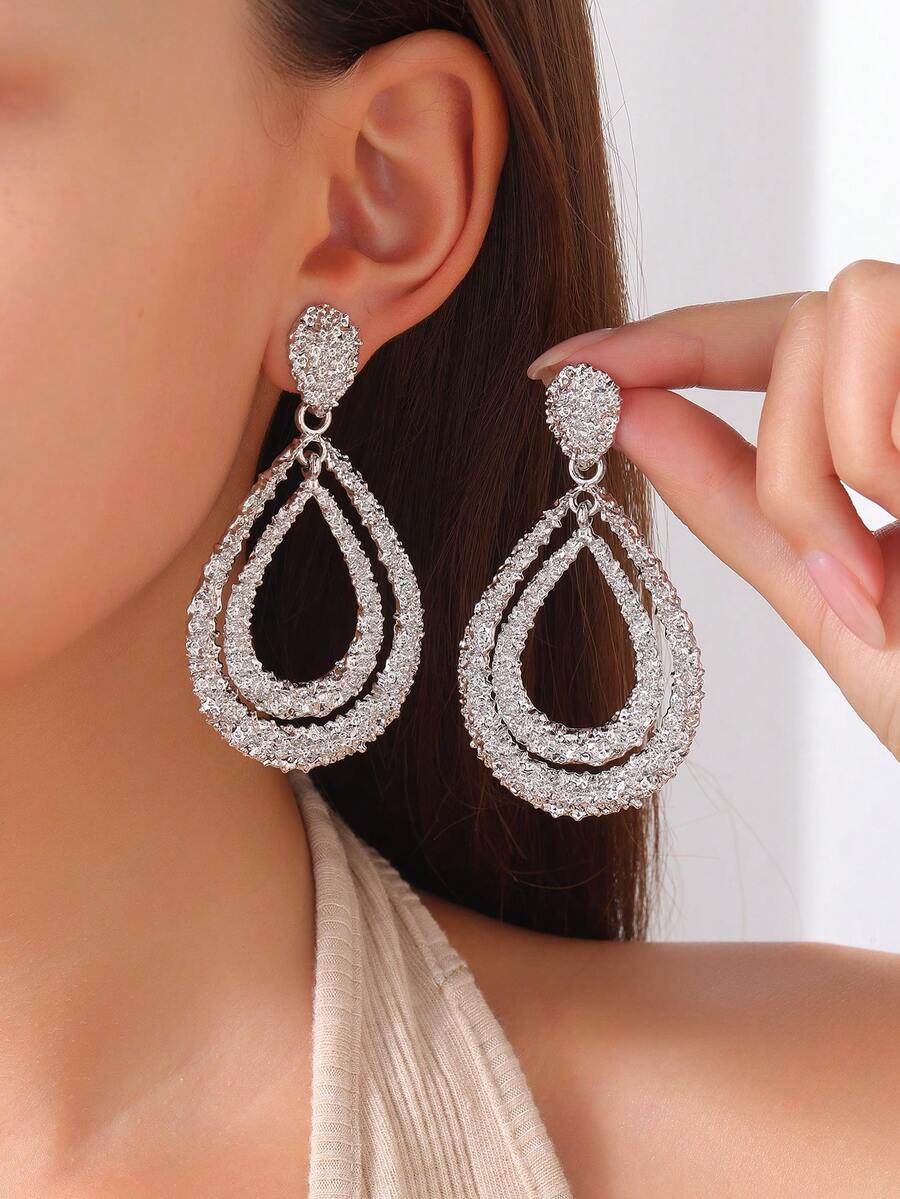 1 对锌合金纹理泪珠流苏耳环，适合女性日常佩戴 - 銀色 - 查看 1