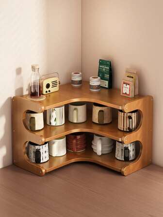 1 Space-Saving Corner Storage Rack - Sturdy Bamboo Curved Corner Desktop Storage Rack, Suitable For Home Offices, Living Rooms, And Kitchens - Natural Finish Shelves, Multifunctional Bookends, Artistic Decorative Style, Materials, Modern Storage Design, Handmade Woodwork, Office Organization, Staff Use, Corner Shelves