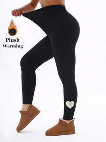 Women's Thermal Lined Black Leggings, Fashionable & Casual, With Heart Reflective & Fluorescent Print, Elegant Stretchy Skinny Pants For Home, Workout, Yoga, Fitness, Outdoor, Casual Wear, Gifts