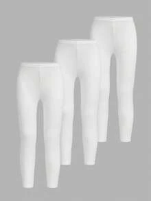 3 Stücke/Set Mädchen Lässig einfarbige Leggings, elastisch gestrickt weich & bequem, sportlicher Stil, geeignet für Outdoor-Aktivitäten, Tanzen, Radfahren, Laufen, Treffen, Partys und den täglichen Gebrauch im Frühling, Sommer, Herbst und Winter - Weiss - Übersicht 3