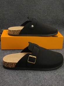 2025夏季男女通用博肯一脚蹬拖鞋，皮革鞋面搭配搭扣设计，软木厚底，耐磨，简约纯色，适合户外、旅行、休闲街头风格、情侣装，轻便露背穆勒拖鞋，时尚舒适，建议订购大一码