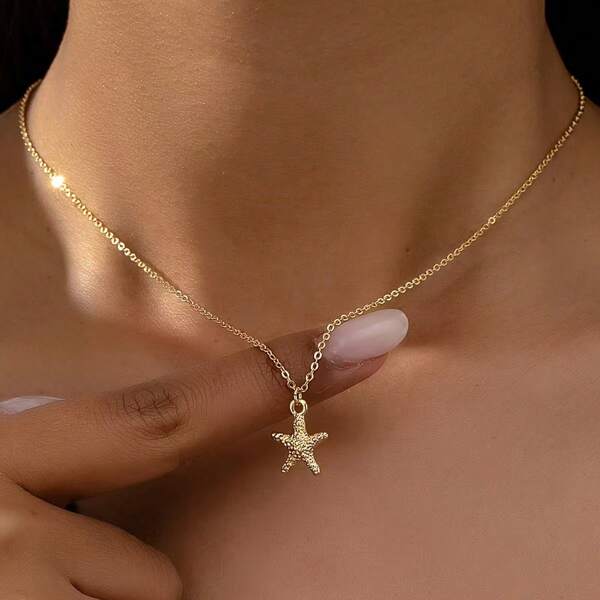 1pc Women's Fashion Simple Golden Starfish & Shell Ocean Beach Style Pendant Necklace, Stainless Steel, Suitable For Daily Wear, Holidays, Gifts