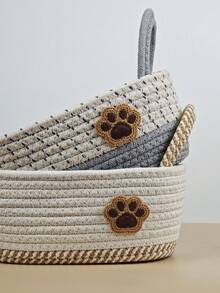 1 pieza Cesta de almacenamiento tejida de cuerda de algodón abierta con decoración de huella de mascota, adecuada para decoración del hogar, almacenamiento de cosméticos en dormitorio, clasificación de juguetes de niños, almacenamiento de alimentos para mascotas, adecuada para decoración de regalo de Navidad
