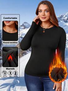 1pc Plus Size Thermal Lined Crew Neck Long Sleeve Solid Color Casual Base Layer Top, Versatile & Fitted For Autumn/Winter - Black - View 3