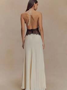 Patchwork Sexy Deep V-Neck Lace Halter Women Maxi Dress White Backless Evening Dress Summer Slim Elegant Party Dress - 黑色 - 查看 2